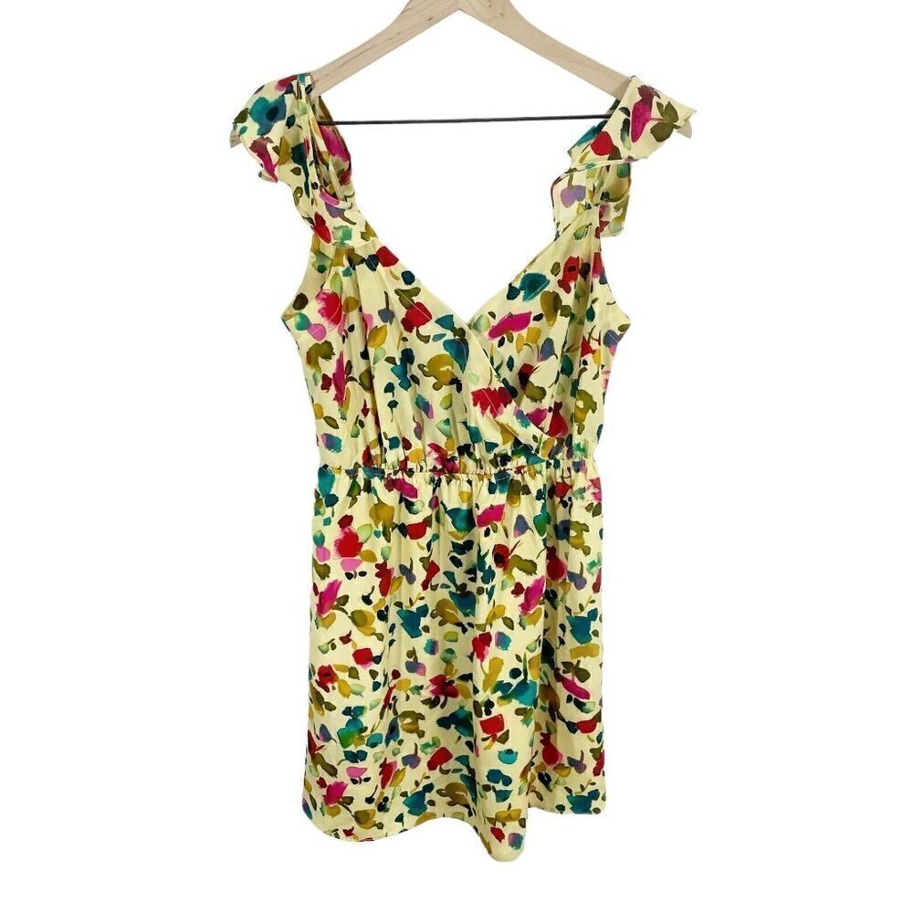 MM Couture Miss Me Tan Floral Watercolor A-line Dress‎ S Short Flounce Sleeve